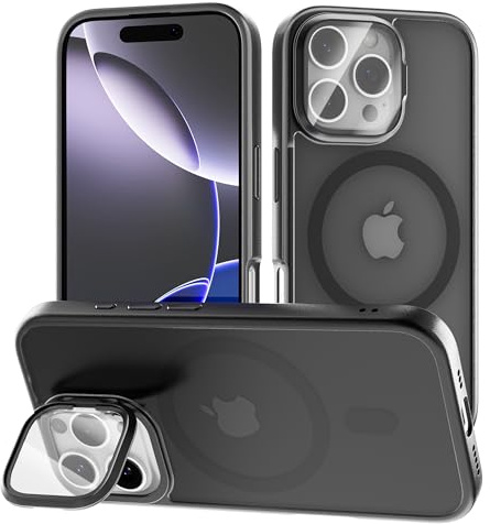 tigratigro Cover con Cavalletto,Compatibile con iPhone 16 Pro,Protezione Fotocamera H9 vetro temperato,Custodia Posteriore Glassata Traslucida, Anti-Impronte,Sensazione di Velluto (Grafite Nero)