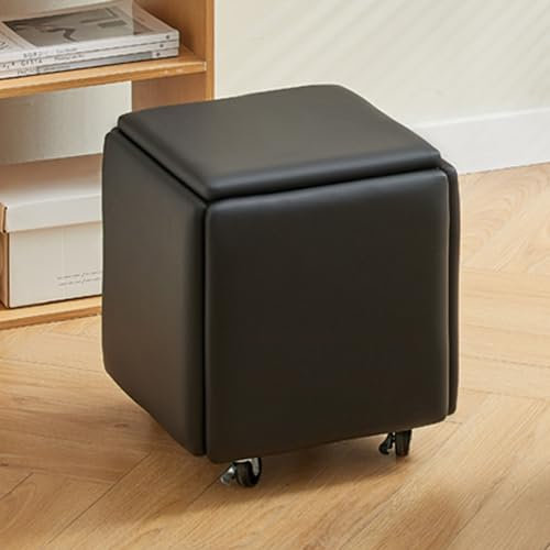 5-in-1 stapelbarer Ottoman-Würfel aus PU-Leder mit Lenkrollen für Wohnzimmer, Schlafzimmer, Schwarz
