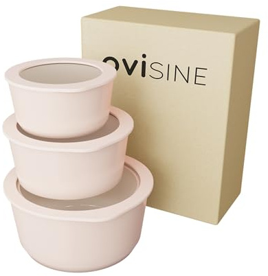 ovisine rundes Vorratsdosen-Set Gordes in Rosa | 3-teilig | mit Antihaftbeschichtung aus Keramik | Deckel aus Glas | Ofen- und Mikrowellengeeignet | Füllmenge: 0,47L - 0,94L - 1,65L