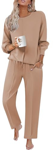Ekouaer Women's Pyjamas Set Long Sleeve Pjs Loungewear Winter Nightwear with Pockets, Khaki, XXL