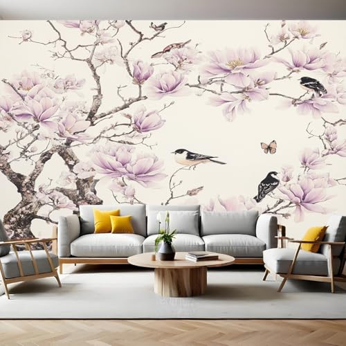 Carta da Parati Fiori, uccelli e magnolia Fotografica 3D Effetto 400x280 cm TNT Murale Decor da Muro Soggiorno Camera da Letto Sala Cucina Camera dei Bambini