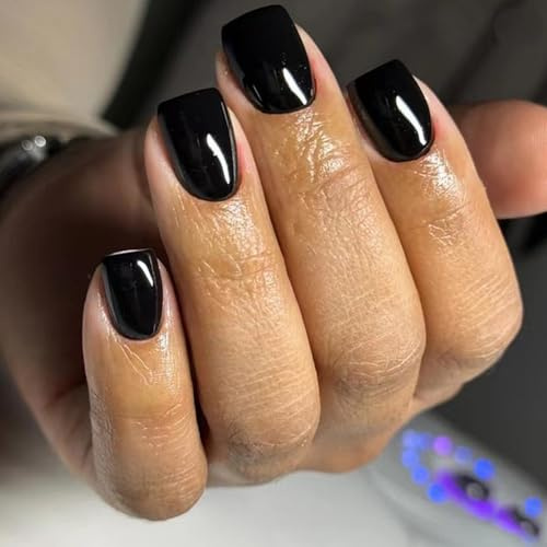 Viugex 24Pcs Faux Ongles Autocollants Courts Carrés, Noir Naturel Press on Nails, Français Faux Ongles Sans Colle, Reutilisable Acrylique Couverture Complète Ongle à Coller pour Femmes et Filles