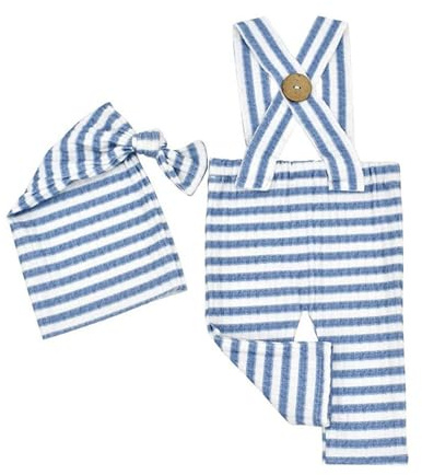 FIRSTXIU 2Pcs Baby Photoshoots Costume Set Comfortable Striped Overalls And Knotted Bonnet For Newborn Photography Props Baby Portrait Clothing