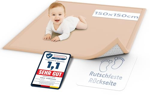 teskon Seidenweiche Krabbelmatte Baby 150x150x3cm beige Extra Dicke(3cm) Spielmatte Kinder mit Premium Memory-Schaum Rutschfester Teppich Kinderzimmer Sichere und gemütliche Krabbeldecke