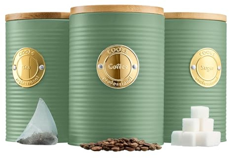 Cooks Professional 3 Piece Ribbed Tea, Coffee, & Sugar Cannisters with Air-Tight Bamboo Lids | Stainless Steel Kitchen Storage Bin Set | Modern & Stylish | Green & Gold