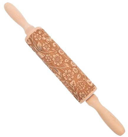 Generico Mattarello in Legno di Faggio con Incisione Rilievo per Pasta Zucchero e Biscotti Strumento Decorativo per Dolci con Motivo Fiocco Fiori per Decorazione Dolciaria