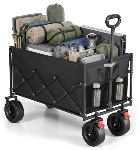 SONGMICS Chariot de Transport Pliable, Chariot de Campings, avec Poignée, 4 Roues Renforcées Dont 2 Roues Universelles, Extérieur, Jardin, Charge 180 kg, 200 L, Noir d'encre GFW201B101