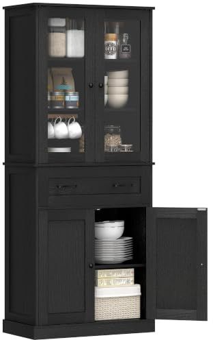 HOMCOM Küchenschrank mit Acrylglastüren Schublade 76x40x182,5 cm Schwarz | Hochschrank, Buffetschrank, Mit 2 Schränken, Verstellbarer Einlegeboden, Vorratsschrank, Küche, Wohnzimmer, Esszimmer
