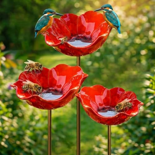 Vogeltränke Gartenstecker Metall，Blumenform Bienentränke für Garten, Mehrfach Vogelbad & Insektentränke, Gartendekoration Bienenstein für Rasen (3 Stück)