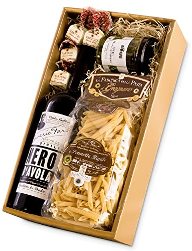 Geschenkbox I Geschenkset - Romantisches Abendessen zu Zweit (Pasta di Gragnano, Rotwein, Pesto, Tartufi) mit italienischer Feinkost