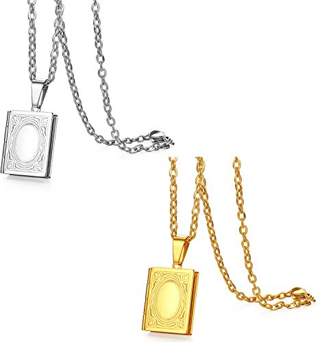 JewelryWe Schmuck Edelstahl Foto Medaillon zum Öffnen Photo Bilder Amulett Silber/Gold Quadrat Quadratisch Book Buch Anhänger Halskette Kette für Herren Damen - Kostenlose Gravur