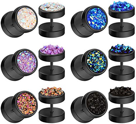 JFORYOU 6 Pairs Round Stud Earrings Stainless Steel Druzy Studs Earrings Set for Women Mens Faux Fake Cheater Ear Plugs Gauge Punk Style