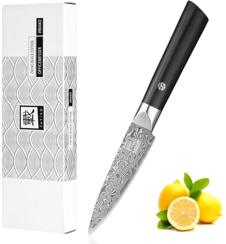 zayiko Black Edition Officemesser, 9 cm, 67 Lagen Damaststahl mit VG10-Kern | Dunkle Klinge, Pakkaholzgriff, 15°-V-Schliff beidseitig, 60±2 HRC; als Schäl-, Obst-, Gemüse- & Spickmesser, mit Geschenkbox.