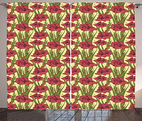 ABAKUHAUS Blume Rustikaler Gardine, Gladiolen Muster, Schlafzimmer Kräuselband Vorhang mit Schlaufen und Haken, 280 x 245 cm, Gelbe Koralle und Grün