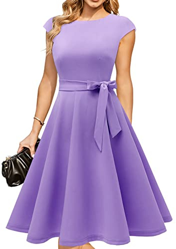 DRESSTELLS Robe Cocktail Mariage Vintage Robe Casual Femme Robe baptême col Rond Manches Courtes