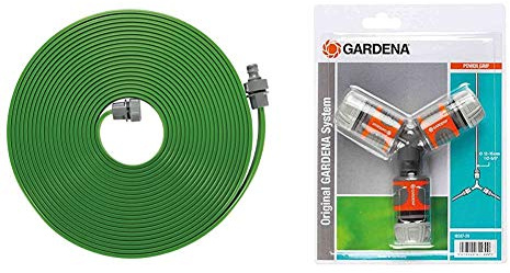 Gardena Schlauch-Regner: Feiner Sprühregner für die Bewässerung länglicher, schmaler Zonen, Länge 15 m, grün & Abzweig-Satz für 13 mm (1/2 Zoll)- und 15 mm (5/8 Zoll)-Wasserschläuche