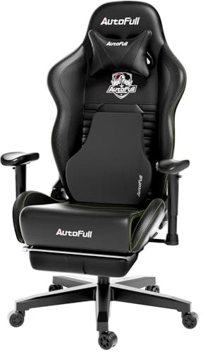 AutoFull Ergonomic Gaming Chair PU Leather Gaming Chair Office Chair, Adjustable Seat Height and Reclination, Headrest and Lumbar Support, Foot Rest, Black