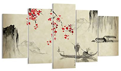 Wandbilder Dekoration Wohnzimmer Blume Kirschen Japan Mehrteilige Bilder auf Leinwand 160x85cm Leinwandbild Schlafzimmer Set 5 teilige Wand Kunstdruck Art Groß XXL Wanddeko Bild Canvas EA160x85-5020