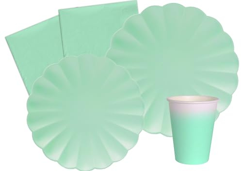 Ciao Kit Vaisselle de Fête Unicolor Flower Shape pour 24 Personnes (112 pcs: 24 Assiettes Ø23cm, 24 Assiettes Ø18cm, 24 gobelets 250ml, 40 Serviettes 33x33cm) en Papier eco-Friendly, Vert Menthe