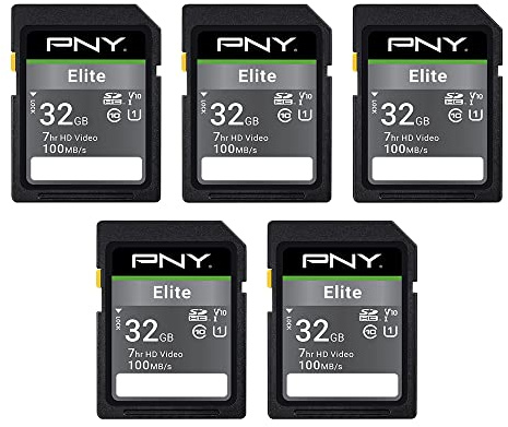 PNY 32GB Elite Class 10 U1 V10 SDHC Flash Memory Card - 100MB/s Read, Class 10, U1 Full HD, UHS-I, Full Size SD (Pack of 5) | Up to 100MB/s Read, UHS-I, Full HD Video Quality, Compatible with DSLR, Video Cameras