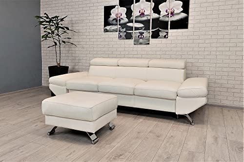 Quattro Meble Schneeweißes Echtleder Sofa + Hocker 3 Sitzer Sofa Varsovia Breite 235cm mit einstellbaren Kopfstützen Echt Leder