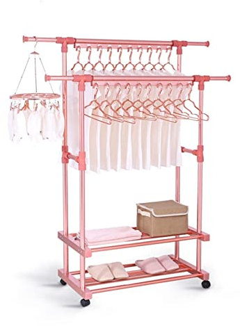 Wäscheständer/Wäschetrockner Kleidung Trocknungsregal 3-Tier Rolling Collabsible Kleidungsstück Klappbare Wäscherei Trockner Kleiderbügel Rack Rail Ständer mit Rollen Clothes Drying Rack ( Color : Roz