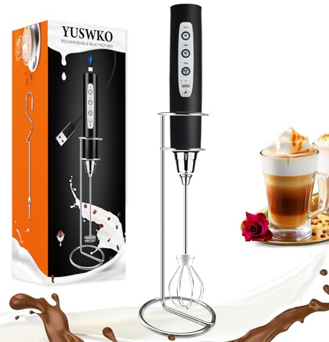 YUSWKO Milchaufschäumer Stab für Kaffee mit Ständer, Usb Wiederaufladbarer Aufschäumer, 3 Schneebesen-Köpfe 3 Geschwindigkeiten, Milchaufschäumer Elektrisch für Milchkaffee, Cappuccino, Getränkepulver
