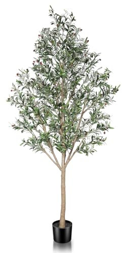 LYERSE Árbol de olivo artificial de 8 pies de alto, en maceta con maceta grande, ramas de olivo sintético y frutas