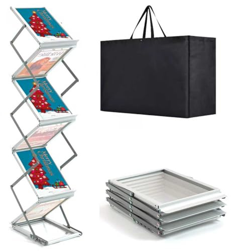 6 Pockets Aluminum Foldable Magazine Rack Floor, Brochure Holder, Brochure Magazine Display Stand, Literature Rack with Carrying Bag for Exhibition, Trade Shows, Office, Retail Store