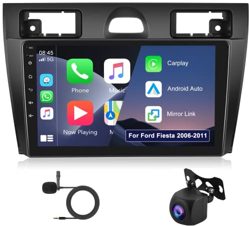 Hodozzy Android 2G+64G Autoradio für Ford Fiesta 2006-2011 Con Wireless Carplay Android Auto Mirror Link, 9 Zoll Touchscreen GPS Bluetooth WiFi FM RDS HiFi SWC, Kamera Radio 2 Din für Ford Fiesta