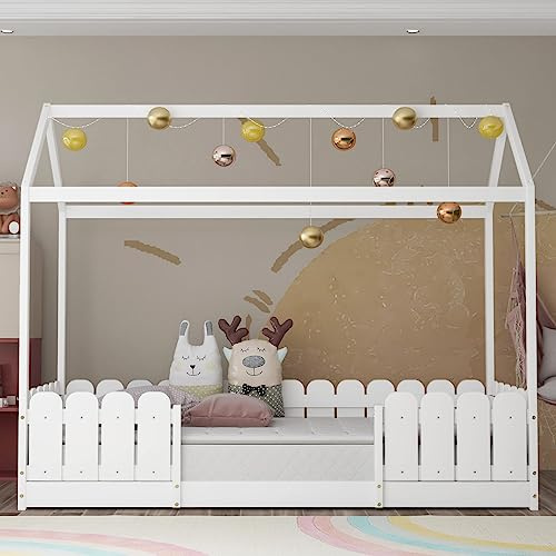 Sweiko Lit de maison 90 x 200 cm, lit pour enfant polyvalent en bois pour garçons et filles, cadre de lit avec protection anti-chute et sommier à lattes, sans matelas (blanc)
