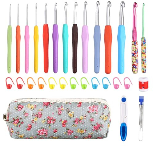LIHAO 36 Stück Häkelnadel Set Häkelnadeln Aluminium mit bunten Gummigriff Stricknadeln mit Tasche Zubehör Häkeln 2mm -10mm Stricken Nadeln Maschenmarkierer DIY