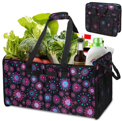 Muzale Extra Large Utility Tote Bag with Wire Frame Collapsible Reusable Grocery Bags Heavy Duty Shopping Bags for Groceries with Handles Trunk Organizer for Beach Car Picnics Camping Laundry