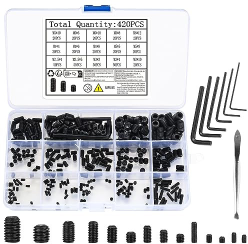 420 Stück Madenschrauben Sortiment, metrische Einschraubmuffen Befestigungsschrauben Kohlenstoffstahl, M2.5/M3/M4/M5/M6/M8 Innensechskantschrauben Gewinde für Türgriffe, 5 Stück Inbusschlüssel