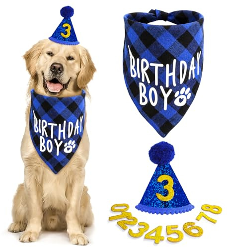 Amaxiu Hunde Geburtstagsparty Set,Hunde Geburtstags Bandana Mütze mit 8 Bling Nummern Haustier Alles Gute zum Geburtstag Zubehör glitzernde Mütze kariertes für kleine mittelgroße und große Junge(blau)