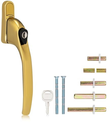 XFORT Maniglia per finestra in linea con serratura a chiave, in ottone lucido, ricambio maniglia per finestra in uPVC, leva per finestra bloccabile