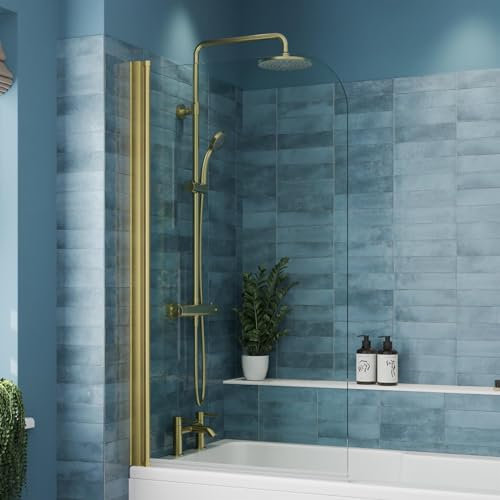 Luxura® 1430 x 800mm Brushed Brass Gold Over Bath Shower Screen Folding Hinged Door Glass Panels & Screens for Baths, Bathroom Frameless Curved Design, 6mm Toughened Safety Glass, 180° Pivot