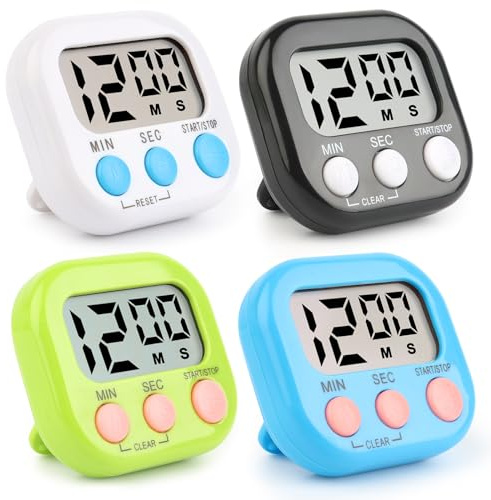 VFANDV Eieruhr Digital 4 Stück, Magnetische Stoppuhr Küchentimer Kleine Kinder Zeitschaltuhr mit Einklappbarer Ständer Countdown Kurzzeitwecker Digitaler Timer für Küche Schule Sport (4 Farben-001)