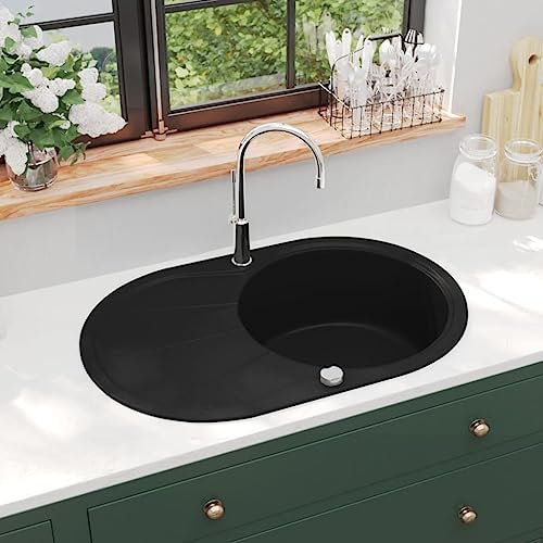 AUVYI Granitspüle Einzelbecken Oval Schwarz 78x50x31,5cm Waschbecken Kitchen Sink Küchenspülen Küchenarbeitsplatte Ausgussbecken Spülbecken Arbeitsplatte Küche Spüle ohne Unterschrank