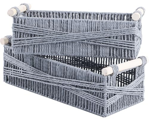 OUTBROS Aufbewahrungskorb Geflochten, Körb mit Griff, Grau, 2er Set | Dekorative Arbeitsplatte Toilettentank Regal Schrank Organizer für Schlafzimmer Wohnzimmer