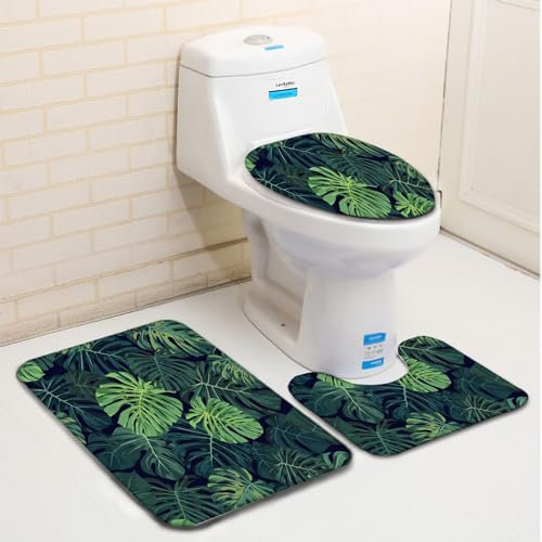 Badezimmerteppich Set 3 Teilig DunkelgrüNe Tropische Pflanzen Badematten Set Mikrofaser Badteppiche und WC Vorleger mit Ausschnitt Waschbar rutschfeste Badvorleger Toilette Teppich