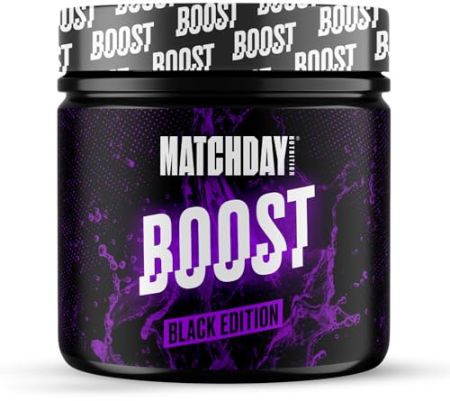 Matchday BOOST Energy I 400 g Pre-Workout Booster: 200 mg Koffein, Beta-Alanin, Kreatin - Top Konzentration und Leistungsfähigkeit I Isomaltulose für stabilen Blutzuckerspiegel (Black Edition)