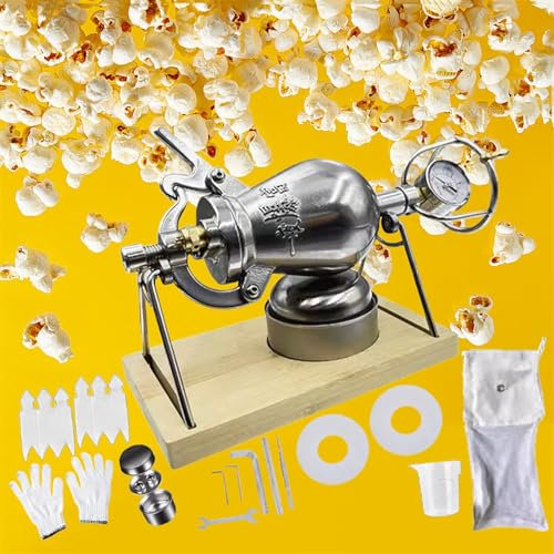 300ml Traditional Popcorn Maker, Wooden Board Base Stainless Steel Chinese Manual Crank Retro Popcorn Machine, with Precision Pressure Gauge, Can Make Popcorn and Heat Food