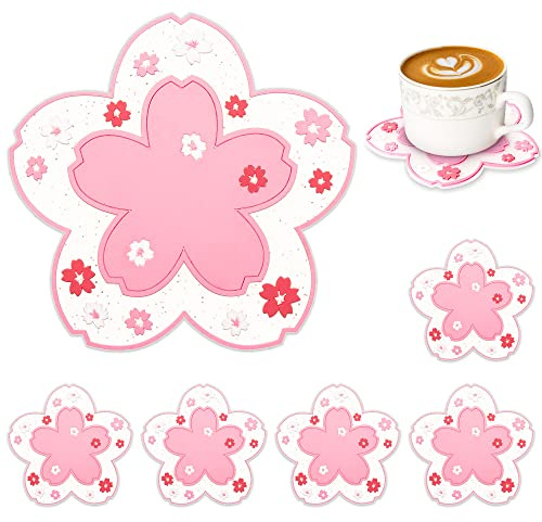 Conisy Flower Coasters for Drinks,6 Pcs Cute Non-Slip Washable Reusable Heat Resistant Silicone Coasters (Flower Pink)