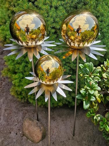 Jürgen Bocker Garten-Ambiente Blütenzauber Milano 3er Set Rosenkugel 15/15/10 cm Edelstahl Gartenstecker Deko mit Stab 80 cm (Gold poliert)