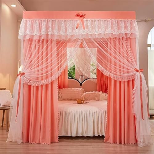 Himmelsäng Gardiner, Sänggardiner Elegant Style Princess 4 Hörnstolpsäng Enfärgad Säng Himmelsäng Gardin Dubbellagers Gardin for full/queen/king size-säng, integritetsskydd(Orange,Queen)