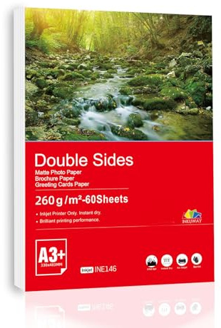 Inkuway Thick A3 Plus A3+ 13 x 19 dubbelsidigt matt matt – fotopapper 260 Gsm 60 ark bläckstrålepapper utskrivbart för meny, kalender bläckstråleskrivare