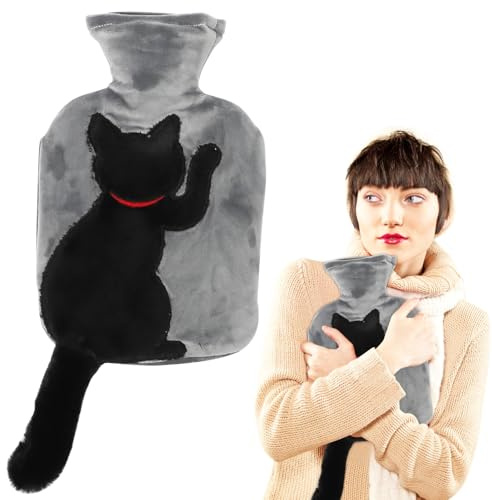 Yuragim Wärmflasche mit Bezug, Lustige Wärmeflasche Katze mit Schwanz, 1 L Bettflasche mit Bezug Geschenk für Winter Weihnachten Neujahr, Handwärmer für Kinder Frauen Männer, Schmerzlinderung