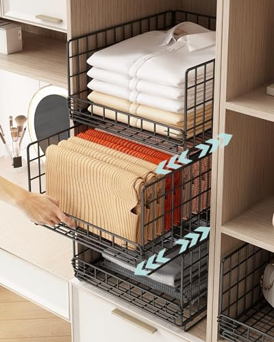 UMDONX Paquete de 3 cajones organizadores de almacenamiento extraíbles apilables para ropa, armario de ropa, estante interior de alambre (metal duradero negro, carga de 20 kg)