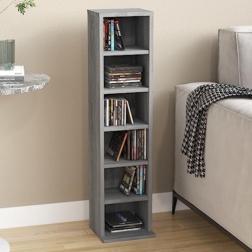prissent CD-Möbel, Sonoma-Grau, 21 x 20 x 88 cm, aus mehrschichtigem Holz, Bücherregal, hohe Möbel, platzsparend, für Wohnzimmer, Bücherregal, Bücherregal, schmal und hoch, Regal für CDs